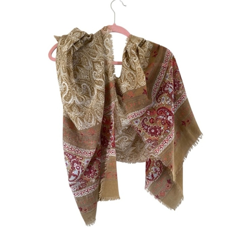 Paisley Scarf Women OS Excellent Taupe Raspberry Fringed Woven Travel Wrap Boho